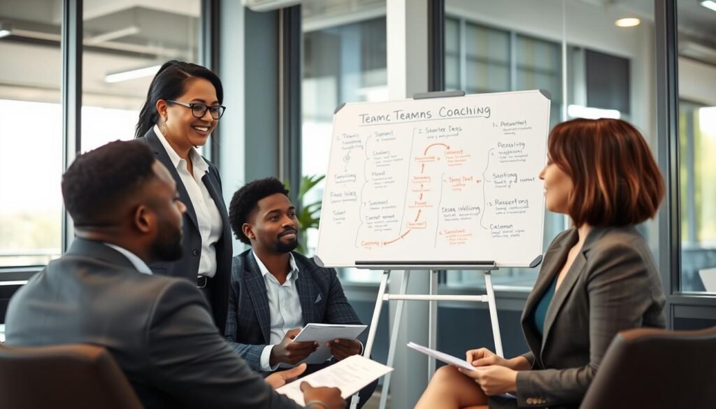A modern and professional coaching environment, featuring a diverse group of three individuals in business attire engaged in a coaching session. In the foreground, a confident coach, a middle-aged woman of Hispanic descent, is demonstrating a coaching technique, using a whiteboard filled with diagrams and strategies related to executive and team coaching. In the middle ground, two clients, a young Black man and a Caucasian woman, are seated, actively participating and taking notes, their expressions reflecting a blend of focus and inspiration. The background includes large windows allowing natural light to flood the room, enhancing the motivational atmosphere. The scene captures a sense of collaborative energy and growth, with a color palette of warm blues and greens to evoke positivity and professionalism. A modern and professional coaching environment, featuring a diverse group of three individuals in business attire engaged in a coaching session. In the foreground, a confident coach, a middle-aged woman of Hispanic descent, is demonstrating a coaching technique, using a whiteboard filled with diagrams and strategies related to executive and team coaching. In the middle ground, two clients, a young Black man and a Caucasian woman, are seated, actively participating and taking notes, their expressions reflecting a blend of focus and inspiration. The background includes large windows allowing natural light to flood the room, enhancing the motivational atmosphere. The scene captures a sense of collaborative energy and growth, with a color palette of warm blues and greens to evoke positivity and professionalism.