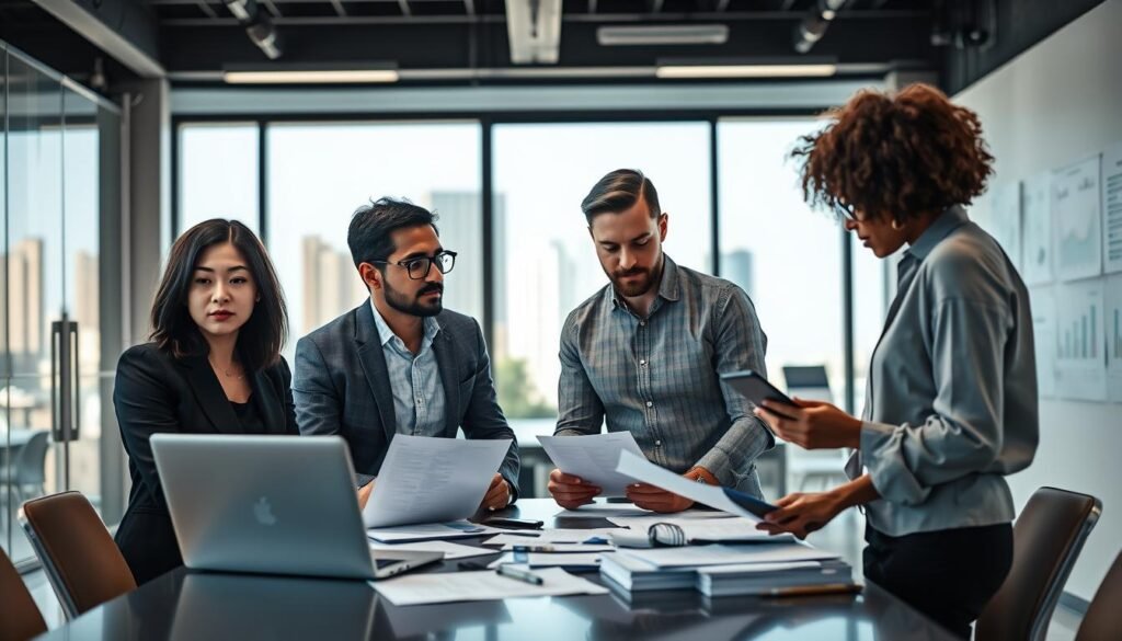 A modern and professional recruitment scene in a stylish office environment, showcasing essential tools and resources for the hiring process. In the foreground, a diverse group of three recruiters - a woman with shoulder-length dark hair in a tailored blazer, a man with glasses in a smart shirt, and a person with curly hair wearing a professional blouse - are engaged in a dynamic discussion, surrounded by laptops, resumes, and digital devices. In the middle ground, a large glass window bathes the room in soft natural light, with a view of the Medellín skyline. The background features a sleek conference table and charts on the wall, emphasizing a high-tech atmosphere. The overall mood is focused and collaborative, reflecting the essence of a sophisticated recruitment process in technology. A modern and professional recruitment scene in a stylish office environment, showcasing essential tools and resources for the hiring process. In the foreground, a diverse group of three recruiters - a woman with shoulder-length dark hair in a tailored blazer, a man with glasses in a smart shirt, and a person with curly hair wearing a professional blouse - are engaged in a dynamic discussion, surrounded by laptops, resumes, and digital devices. In the middle ground, a large glass window bathes the room in soft natural light, with a view of the Medellín skyline. The background features a sleek conference table and charts on the wall, emphasizing a high-tech atmosphere. The overall mood is focused and collaborative, reflecting the essence of a sophisticated recruitment process in technology.