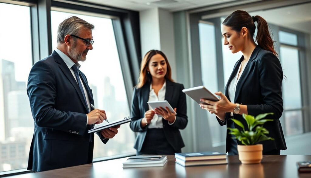 A modern and sophisticated office setting featuring a diverse group of three professionals engaged in a coaching session. In the foreground, a middle-aged male executive in a tailored navy suit actively listens, jotting down notes on a notepad. Next to him, a young female coach in a smart black blazer confidently presents ideas using a digital tablet. The background includes a large window showcasing a city skyline, letting in warm natural light that creates an inviting atmosphere. A sleek conference table, adorned with a few business books and a potted plant, adds to the professional ambiance. Additionally, soft, diffused lighting enhances focus on the interaction, conveying an atmosphere of collaboration and growth, suitable for discussing the value of executive coaching sessions.