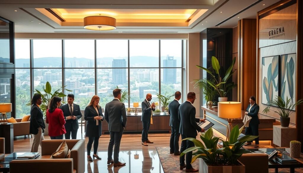 A modern and upscale hotel lobby, featuring elegant furnishings and stylish decor that reflect luxury. In the foreground, a diverse group of professionals in smart business attire engage in conversation, showcasing an atmosphere of collaboration and networking. The middle ground displays a grand reception desk with an attentive staff member greeting guests, while lush potted plants and contemporary artwork enliven the space. In the background, large windows reveal a vibrant cityscape of Cartagena, with hints of tropical foliage. The lighting is warm and inviting, accentuating the hotel's opulent features, captured with a soft focus to create a welcoming ambiance. The scene conveys professionalism, luxury, and a sense of hospitality, ideal for a high-end hotel setting. A modern and upscale hotel lobby, featuring elegant furnishings and stylish decor that reflect luxury. In the foreground, a diverse group of professionals in smart business attire engage in conversation, showcasing an atmosphere of collaboration and networking. The middle ground displays a grand reception desk with an attentive staff member greeting guests, while lush potted plants and contemporary artwork enliven the space. In the background, large windows reveal a vibrant cityscape of Cartagena, with hints of tropical foliage. The lighting is warm and inviting, accentuating the hotel's opulent features, captured with a soft focus to create a welcoming ambiance. The scene conveys professionalism, luxury, and a sense of hospitality, ideal for a high-end hotel setting.