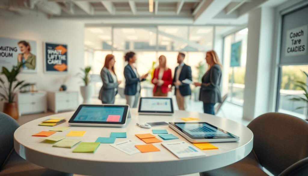 A modern and vibrant coaching workspace, featuring an array of innovative coaching tools and techniques. In the foreground, a sleek round table with colorful sticky notes, digital tablets displaying graphs, and a set of coaching cards. In the middle ground, a diverse group of three professionals in business attire engaged in an interactive brainstorming session, energetically discussing ideas. The background showcases a bright, open office with large windows, allowing natural light to flood in and illuminate the room. Soft hues of green and blue create a calming atmosphere, while motivational posters on the walls reflect the essence of coaching. The lens captures this inspiring scene from a slightly elevated angle, emphasizing collaboration and creativity in a professional environment.