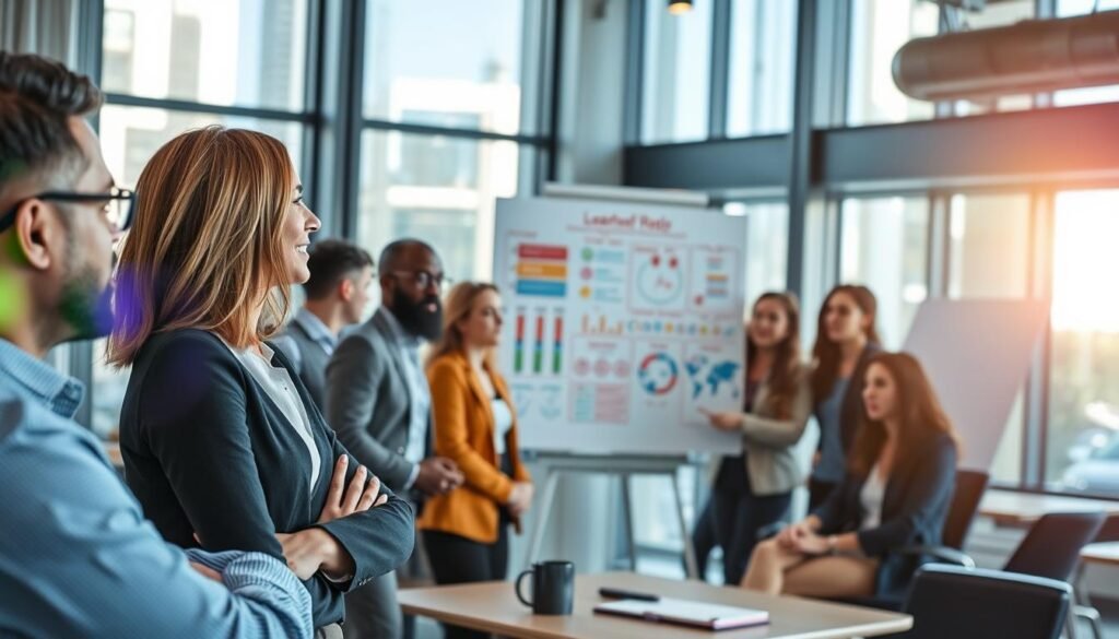 A modern, collaborative workspace filled with diverse professionals engaged in a dynamic coaching session. In the foreground, a confident female coach, dressed in smart business attire, facilitates a discussion with a group of attentive individuals, both men and women, also in professional clothing. In the middle ground, a large whiteboard with colorful diagrams and notes illustrates concepts of leadership and continuous education. The background features tall windows allowing natural light to flood the space, creating an open, inviting atmosphere. A subtle lens flare enhances the positive and inspiring mood, emphasizing growth and collaboration in coaching and leadership training. A modern, collaborative workspace filled with diverse professionals engaged in a dynamic coaching session. In the foreground, a confident female coach, dressed in smart business attire, facilitates a discussion with a group of attentive individuals, both men and women, also in professional clothing. In the middle ground, a large whiteboard with colorful diagrams and notes illustrates concepts of leadership and continuous education. The background features tall windows allowing natural light to flood the space, creating an open, inviting atmosphere. A subtle lens flare enhances the positive and inspiring mood, emphasizing growth and collaboration in coaching and leadership training.