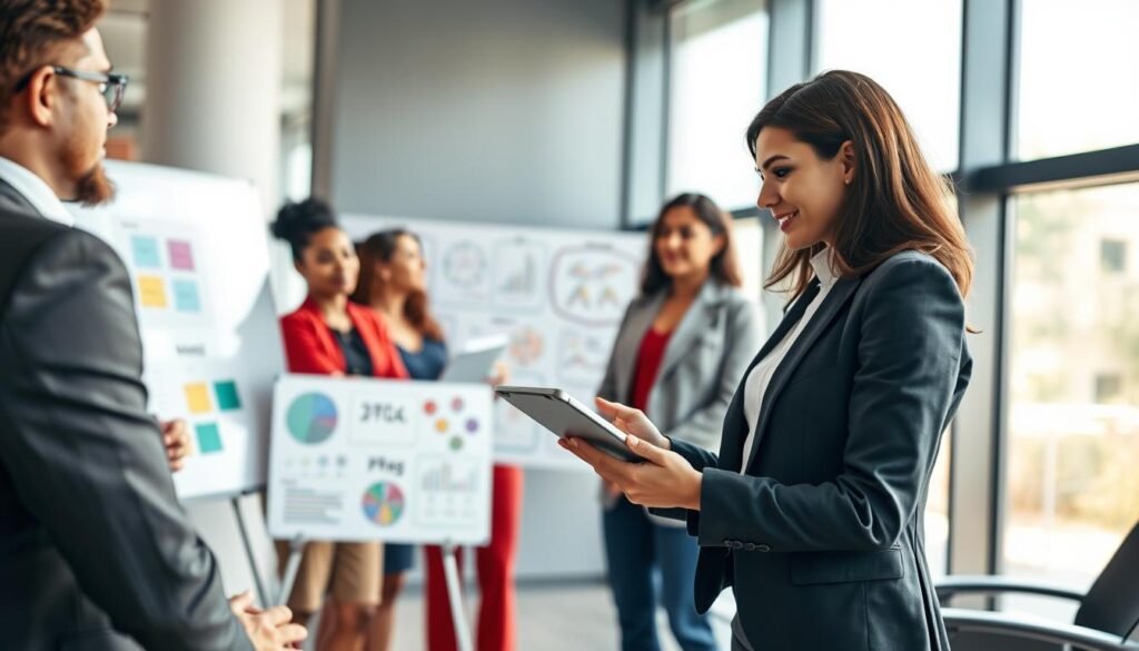 A modern corporate coaching scene depicting a diverse group of professionals engaged in an interactive coaching session. In the foreground, a confident female executive in a tailored suit is demonstrating a strategic plan on a digital tablet to a small circle of attentive colleagues, all in professional attire. The middle ground features a large whiteboard filled with colorful diagrams and coaching tools like mind maps and goal-setting frameworks. The background showcases a sleek, well-lit office environment with large windows letting in natural light, creating a bright and uplifting atmosphere. Capture the mood of collaboration and growth, using a soft focus on the background to emphasize the coaching interaction. The composition should be shot from a slightly elevated angle for a dynamic perspective.