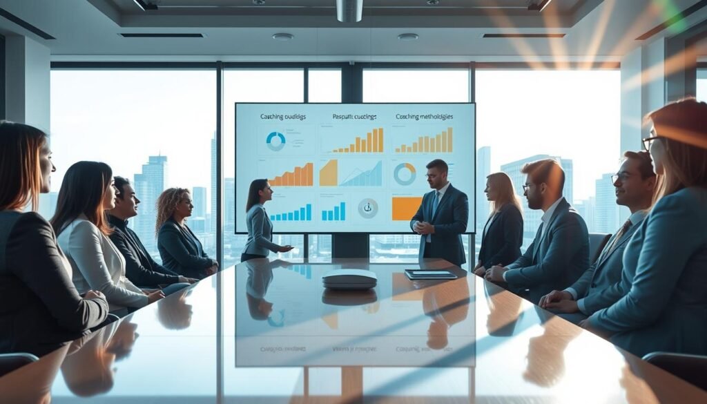 A modern corporate office environment illustrating the concept of executive coaching integration in business management. In the foreground, a diverse group of professionals, dressed in smart business attire, are engaged in an animated discussion around a polished conference table, showcasing teamwork and collaboration. The middle ground features a large screen displaying strategic business graphs and coaching methodologies, reflecting professionalism and insight. The background includes large windows overlooking a city skyline, allowing natural light to fill the room and creating an uplifting atmosphere. Soft shadows add depth, and a lens flare effect enhances the optimistic mood, symbolizing growth and innovation in executive coaching. Create a clean composition without any text or distractions.