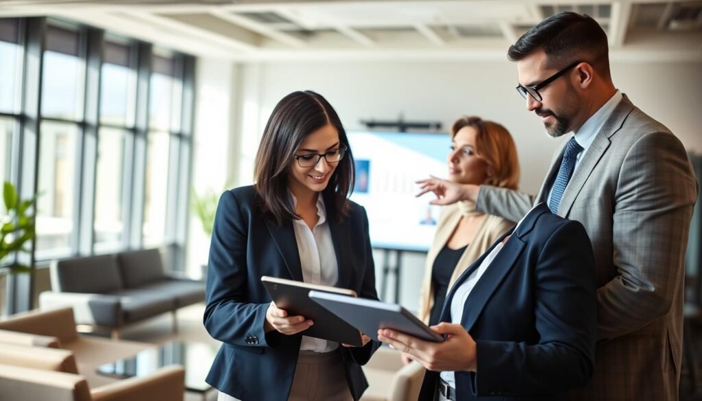 A modern corporate office setting, depicting a diverse group of four professionals engaged in a strategic meeting. In the foreground, a woman with shoulder-length dark hair in a navy blazer studies a digital tablet, while a man in glasses and a light-colored suit gestures toward a presentation on a large screen in the middle of the room. The background features sleek furniture and large windows with sunlight streaming in, creating a warm and inviting atmosphere. The lighting is bright and emphasizes the focus of collaboration and evaluation. This scene conveys a sense of teamwork and professionalism, reflecting Dell's approach to competency assessment.