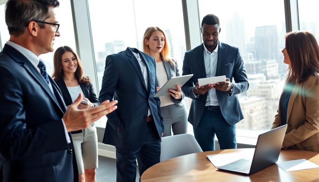 A modern corporate office setting, featuring a diverse group of five professionals engaged in a coaching session. In the foreground, a male executive in a tailored navy suit gestures emphatically while leading the discussion. To his left, a female manager in a smart business casual outfit nods thoughtfully, taking notes on a tablet. The middle ground shows a round table with papers and a laptop, creating an atmosphere of collaboration. In the background, large windows provide natural light, illuminating a city skyline. The scene conveys a mood of focus and determination, highlighting the implementation of coaching strategies. The lighting is bright and inviting, with a slight lens flare from the sunlight. The angle is slightly above eye level for dynamic perspective. A modern corporate office setting, featuring a diverse group of five professionals engaged in a coaching session. In the foreground, a male executive in a tailored navy suit gestures emphatically while leading the discussion. To his left, a female manager in a smart business casual outfit nods thoughtfully, taking notes on a tablet. The middle ground shows a round table with papers and a laptop, creating an atmosphere of collaboration. In the background, large windows provide natural light, illuminating a city skyline. The scene conveys a mood of focus and determination, highlighting the implementation of coaching strategies. The lighting is bright and inviting, with a slight lens flare from the sunlight. The angle is slightly above eye level for dynamic perspective.