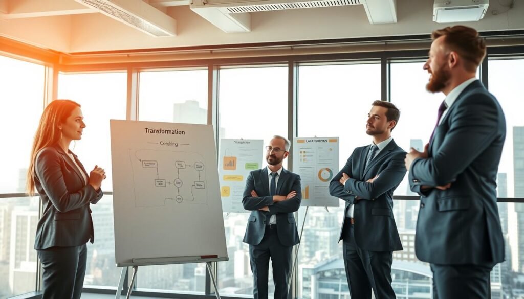 A modern corporate office setting, featuring a diverse group of three business professionals engaged in a dynamic coaching session. In the foreground, a confident woman in a tailored suit stands at a whiteboard, illustrating a transformation strategy, while two professional men in business attire attentively listen. In the middle-ground, motivational charts and diagrams related to leadership and change management are pinned on the walls. The background reveals large windows with natural light flooding the space, reflecting a vibrant cityscape outside. The atmosphere is focused and collaborative, highlighting the theme of change and leadership in business. The lighting is bright and warm, creating an optimistic and inspiring mood, captured from a slightly low angle to emphasize the importance of the discussion.