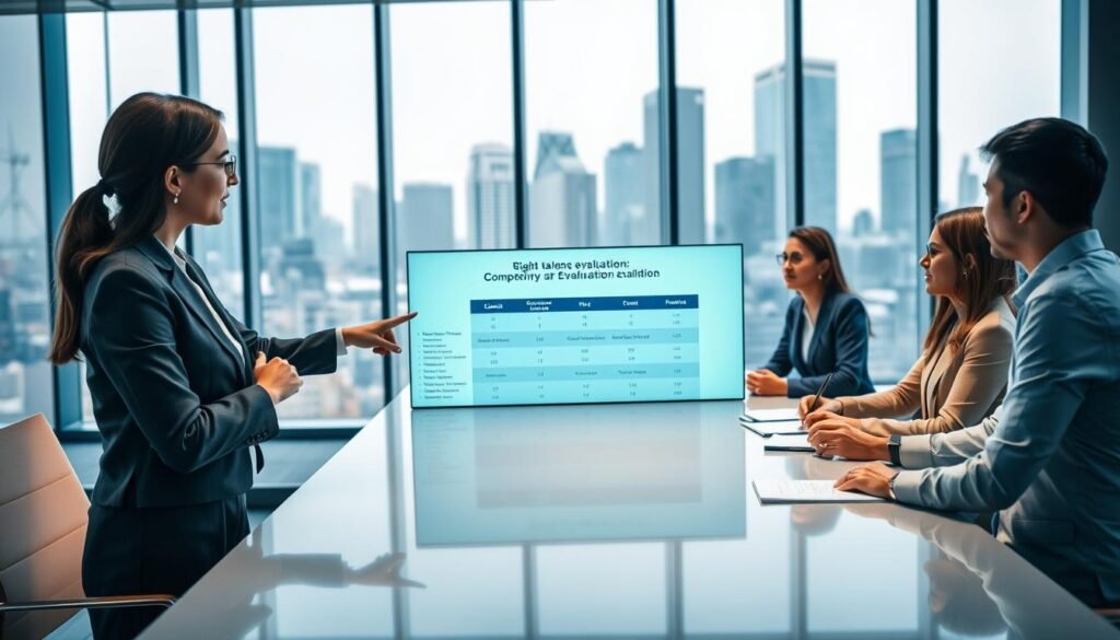 A modern corporate office setting, focusing on a diverse group of executives engaged in a strategic discussion around a large conference table. In the foreground, a confident female executive, dressed in professional attire, points at a digital competency evaluation chart displayed on a screen. In the middle, several male and female executives, representing various backgrounds, discuss insights while taking notes, showcasing determination and collaboration. The background features large windows with a city skyline, symbolizing success and opportunity. Soft, natural lighting illuminates the room, creating an atmosphere of professionalism and innovation. The scene conveys a sense of focus and strategic planning, ideal for executive talent selection.
