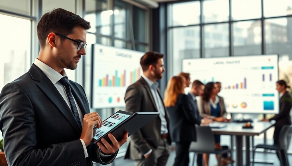 A modern corporate office setting, focusing on the optimization of candidate selection processes. In the foreground, an attentive HR professional, dressed in formal business attire, reviews a digital tablet displaying candidate profiles. In the middle ground, a diverse group of employees engages in a collaborative meeting, analyzing charts and graphs on a large screen that measures candidate evaluations and selections. The background features a sleek office environment with bright, natural lighting filtering through large windows, creating an atmosphere of focus and productivity. Use a slightly elevated angle to capture the teamwork dynamic, with soft shadows highlighting the professionalism and motivation of the space. The mood should convey efficiency, collaboration, and innovation in the recruitment process.