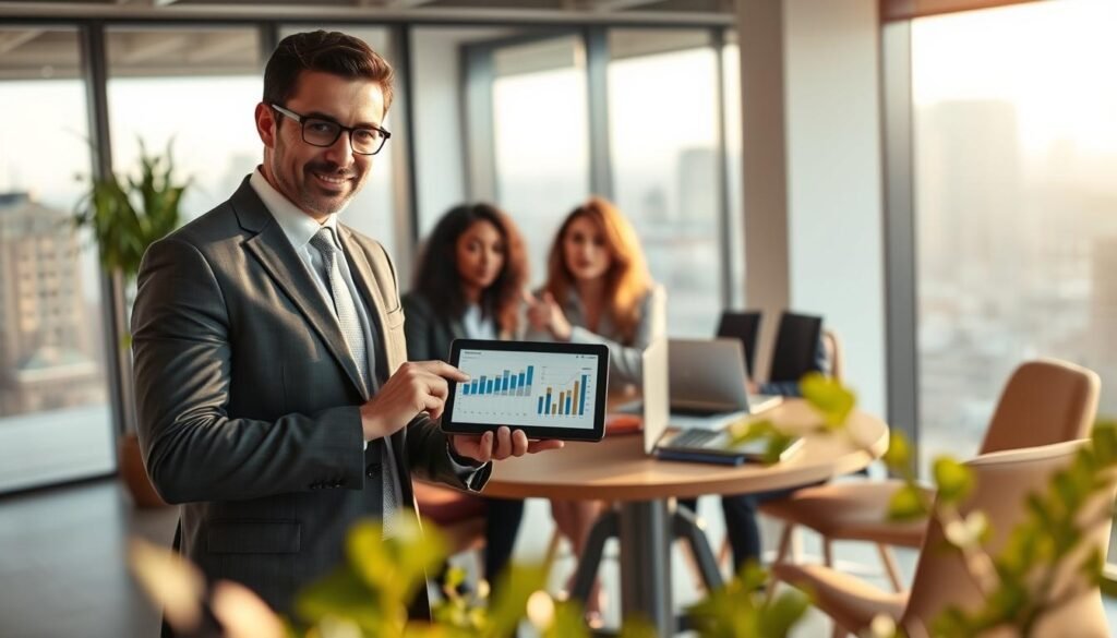 A modern corporate office setting, showcasing a diverse group of three professionals engaged in an executive mentoring session. In the foreground, a confident mentor, wearing a tailored suit, gestures towards a digital tablet displaying graphs and analytics, symbolizing process optimization. The middle ground features a collaborative round table with laptops, documents, and a plant, creating a productive atmosphere. In the background, large windows let in soft natural light, and cityscape views hint at a vibrant urban environment. The mood is focused and inspirational, emphasizing growth and strategic thinking. The lighting is warm and inviting, with a slight depth of field effect to draw attention to the mentor's engaged expression. No text or logos present.
