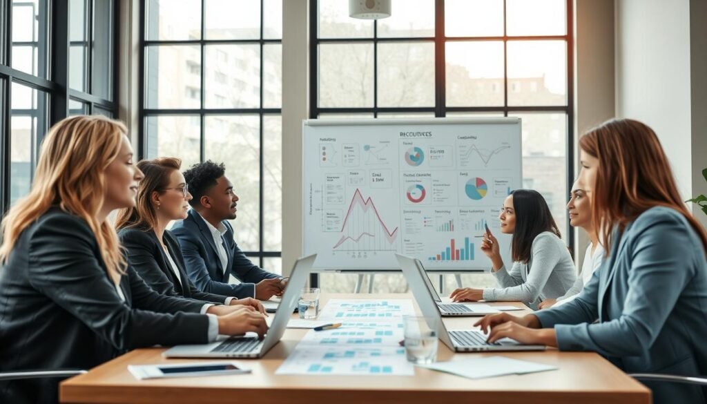 A modern corporate setting emphasizing team management and workplace relationships. In the foreground, a diverse group of three professionals, dressed in smart business attire, engage in a collaborative discussion around a table filled with charts and laptops, showcasing teamwork. The middle ground includes a large whiteboard filled with strategic plans and goals, symbolizing optimizing team dynamics. The background features large windows with soft natural light streaming in, illuminating the space and creating an inviting atmosphere. The mood is focused yet positive, reflecting productivity and collaboration. The camera angle is slightly elevated to capture the entire scene, emphasizing the dynamics of teamwork and professional interaction.