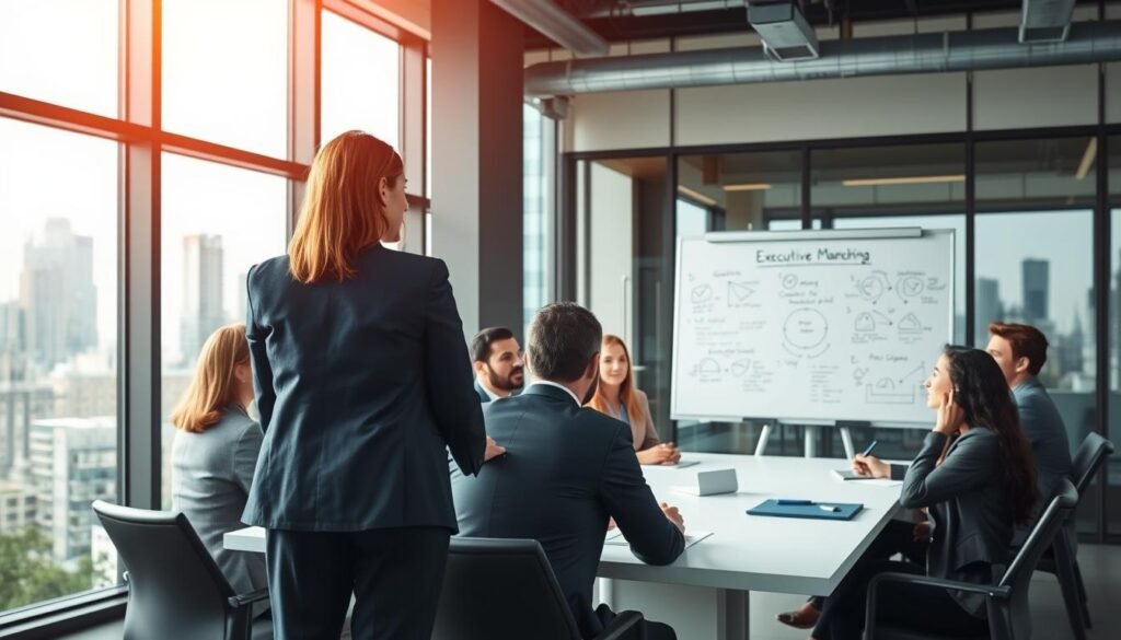 A modern corporate setting featuring diverse professionals engaged in executive coaching sessions. In the foreground, a confident female coach in a tailored navy blue suit guides a small group of attentive executives seated around a sleek conference table, all dressed in professional attire. The middle ground captures a large whiteboard filled with diagrams and notes about stress management and coaching strategies. In the background, large windows bathe the room in soft natural light, revealing a cityscape, symbolizing growth and opportunity. The atmosphere is one of collaboration and focus, with warm tones highlighting the seriousness and professionalism of the coaching environment, evoking a sense of motivation and team spirit. A modern corporate setting featuring diverse professionals engaged in executive coaching sessions. In the foreground, a confident female coach in a tailored navy blue suit guides a small group of attentive executives seated around a sleek conference table, all dressed in professional attire. The middle ground captures a large whiteboard filled with diagrams and notes about stress management and coaching strategies. In the background, large windows bathe the room in soft natural light, revealing a cityscape, symbolizing growth and opportunity. The atmosphere is one of collaboration and focus, with warm tones highlighting the seriousness and professionalism of the coaching environment, evoking a sense of motivation and team spirit.