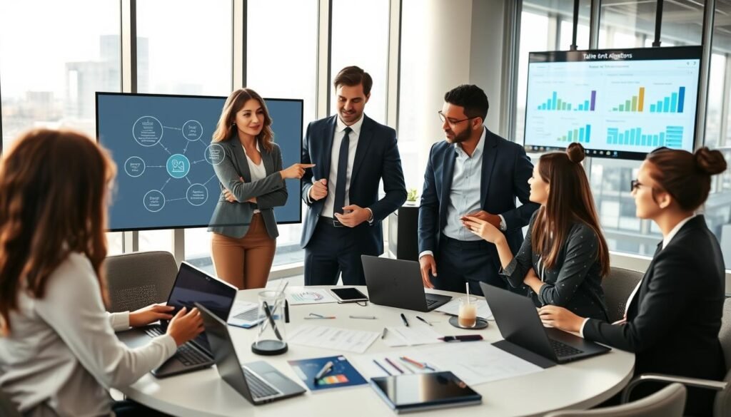 A modern corporate workspace featuring diverse professionals collaborating on innovative talent alignment strategies. In the foreground, a confident woman in professional attire points to a digital presentation on a screen, illustrating interconnected talent structures. Beside her, a thoughtful man in business clothing examines charts displaying growth metrics. In the middle ground, a round table is filled with laptops, papers, and brainstorming materials, reflecting an atmosphere of teamwork and creativity. The background features large windows with city views, allowing natural light to flood the space, enhancing the focus on the subjects. Overall, the scene conveys a dynamic and productive mood, emphasizing leadership, collaboration, and organizational development.