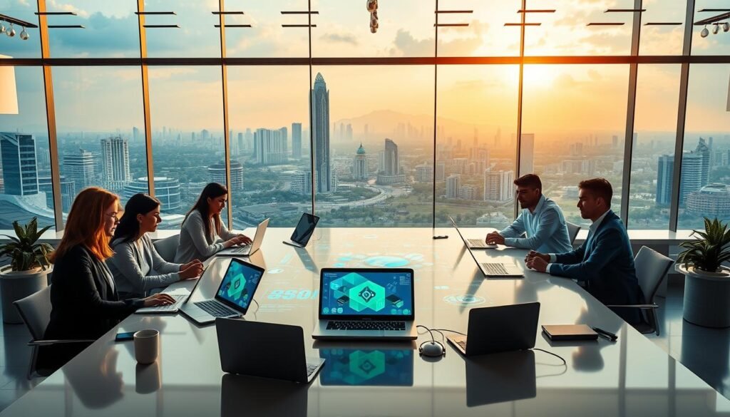 A modern, dynamic workspace illustrating innovation in technology in Colombia. In the foreground, a diverse group of professionals in business attire collaborates around a sleek, high-tech table filled with laptops and digital devices, showcasing augmented reality interfaces and data analytics on screens. In the middle, vibrant displays of cutting-edge technology—like AI algorithms and IoT devices—interactively demonstrate the role of platforms in driving innovation. The background features a panoramic view of a futuristic city skyline, with green spaces and smart buildings, bathed in warm, natural lighting that highlights an optimistic atmosphere. The scene captures a spirit of collaboration and progress, emphasizing the significant impact of technological platforms on Colombia's growth and innovation landscape.