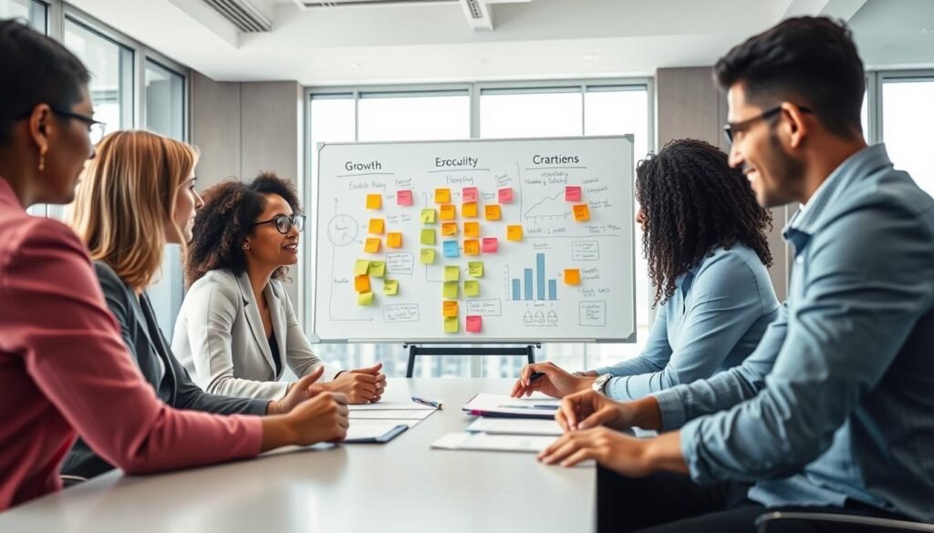 A modern executive coaching scene, depicting a team of diverse professionals engaged in a collaborative strategy session. In the foreground, a group of individuals in professional business attire, including women and men of various ethnicities, are gathered around a sleek conference table. They are actively discussing growth strategies using visual tools such as charts and graphs. The middle ground showcases a large whiteboard filled with brainstorming ideas and colorful post-it notes. In the background, large windows allow natural light to spill into the room, creating an open and inspiring atmosphere. The setting is contemporary and vibrant, with a focus on teamwork and innovation. The lighting is bright and inviting, enhancing the motivational energy of the space. A modern executive coaching scene, depicting a team of diverse professionals engaged in a collaborative strategy session. In the foreground, a group of individuals in professional business attire, including women and men of various ethnicities, are gathered around a sleek conference table. They are actively discussing growth strategies using visual tools such as charts and graphs. The middle ground showcases a large whiteboard filled with brainstorming ideas and colorful post-it notes. In the background, large windows allow natural light to spill into the room, creating an open and inspiring atmosphere. The setting is contemporary and vibrant, with a focus on teamwork and innovation. The lighting is bright and inviting, enhancing the motivational energy of the space.