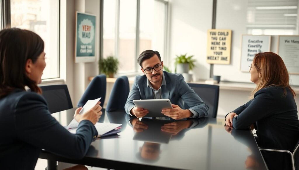 A modern executive coaching session, featuring a diverse group of three professionals engaged in a deep discussion, seated around a sleek conference table. The foreground shows a woman in a tailored navy suit, listening intently, with a notepad in hand. In the middle, a man in glasses is presenting ideas using a digital tablet, while another professional, a woman in business casual attire, leans in to contribute. The background displays a contemporary office environment with large windows, allowing natural light to flood the room, creating a warm and inviting atmosphere. Subtle hints of motivational posters on the walls emphasize growth and differentiation. The image captures a spirit of collaboration and professional development, focusing on the unique aspects of executive coaching.