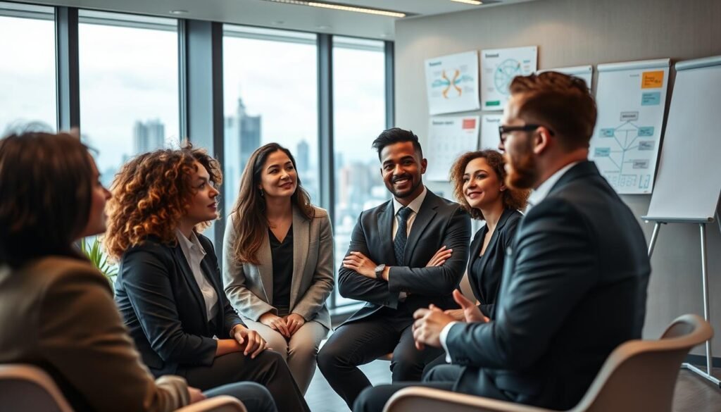 A modern executive coaching session in a sleek, well-lit office environment. In the foreground, a diverse group of three professionals engaged in a discussion, dressed in professional business attire, showcasing deep concentration and collaboration. The middle layer features a large glass window overlooking a vibrant cityscape, symbolizing growth and opportunity. In the background, motivational posters and a whiteboard filled with mind maps and success strategies. Soft, warm lighting creates an inviting and invigorating atmosphere, while a shallow depth of field focuses on the engaged participants, highlighting their expressions of insight and determination. The overall mood conveys empowerment, achievement, and professional growth in a contemporary setting.