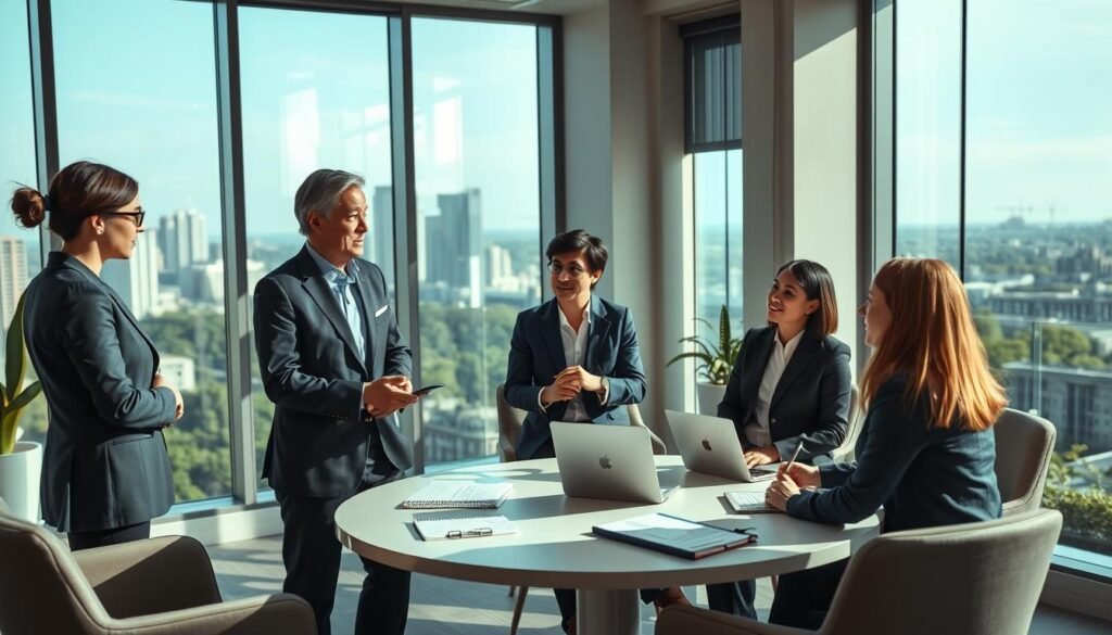 A modern executive coaching session taking place in a bright, stylish office environment. In the foreground, a professional coach, dressed in business attire, is engaged in a focused discussion with a diverse group of three executives, two men and one woman, all in smart business outfits. The middle ground features a large round table with notepads and a laptop, symbolizing collaboration. In the background, large windows let in natural light, highlighting a city skyline and greenery, creating an uplifting atmosphere. Soft, diffused lighting enhances the mood, making the scene feel inviting and productive. Emphasize a sense of teamwork and growth, reflecting the benefits of executive coaching for performance and workplace ambiance.