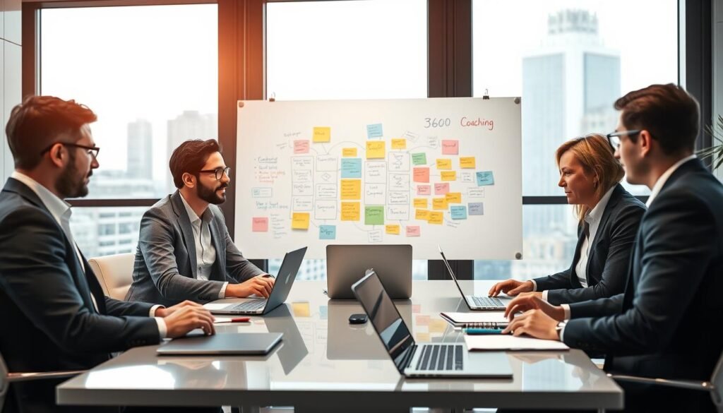 A modern executive coaching session taking place in a stylish office setting. In the foreground, a diverse group of three professionals, two men and one woman, dressed in smart business attire, are engaged in a discussion around a sleek conference table covered in laptops and notebooks. In the middle ground, a large whiteboard filled with colorful mind maps and brainstorming notes reflects their collaborative efforts. The background features large windows with a cityscape view, allowing natural light to flood the room, creating a warm, inviting atmosphere. The composition is dynamic, with a focus on teamwork and innovation, capturing the essence of 360 evaluations and executive coaching methodologies. The mood should convey professionalism, collaboration, and forward-thinking energy.