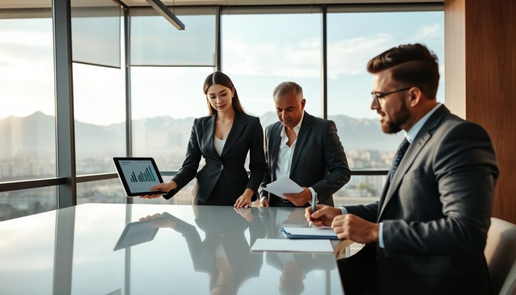 A modern executive office setting, showcasing a diverse group of three professionals engaged in a strategic planning session. In the foreground, a confident woman in a sharp business suit stands at a sleek conference table, pointing at a digital tablet displaying growth metrics. Beside her, a man in formal attire scribbles notes, his expression focused and contemplative. In the background, large windows reveal a panoramic view of the Andes Mountains under soft morning light, symbolizing aspiration and growth. The atmosphere is collaborative and inspiring, with soft, warm lighting creating an inviting environment. The camera angle captures the dynamic interaction between the subjects, highlighting teamwork and strategic thinking in action.