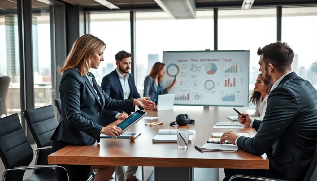 A modern executive office space featuring a diverse group of professionals engaged in a strategic discussion around a large conference table. In the foreground, a middle-aged businesswoman in a sleek suit points at a digital tablet displaying analytics, while a younger man in smart casual attire takes notes. In the middle ground, a whiteboard filled with charts and brainstorming ideas highlights methods and tools for executive search. The background showcases floor-to-ceiling windows with a cityscape view, providing natural light that enhances the focus on collaboration and innovation. The mood is dynamic and focused, conveying a sense of professionalism and teamwork, shot from a slightly elevated angle to capture the entire scene.