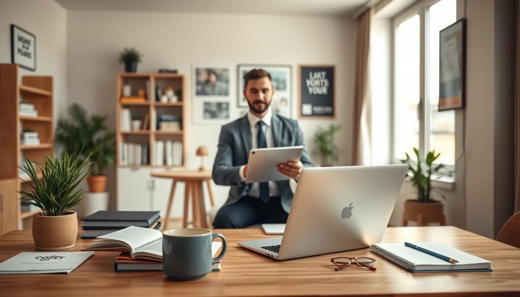 A modern home office scene illustrating the organization and strategy for remote work. In the foreground, a neatly arranged desk features a laptop, organized notebooks, a coffee mug, and a small potted plant, symbolizing productivity. In the middle, a professional individual in business casual attire is engaged in a video call, displaying focus and collaboration. The background reveals an inviting workspace with a bookshelf, motivational posters, and a large window letting in soft, natural light, enhancing the warm atmosphere. The overall mood conveys professionalism, motivation, and adaptability in the evolving work environment, showcasing the essence of effective telecommuting strategies. The scene is captured with a warm color palette and a slightly blurred background to emphasize the focused subject.