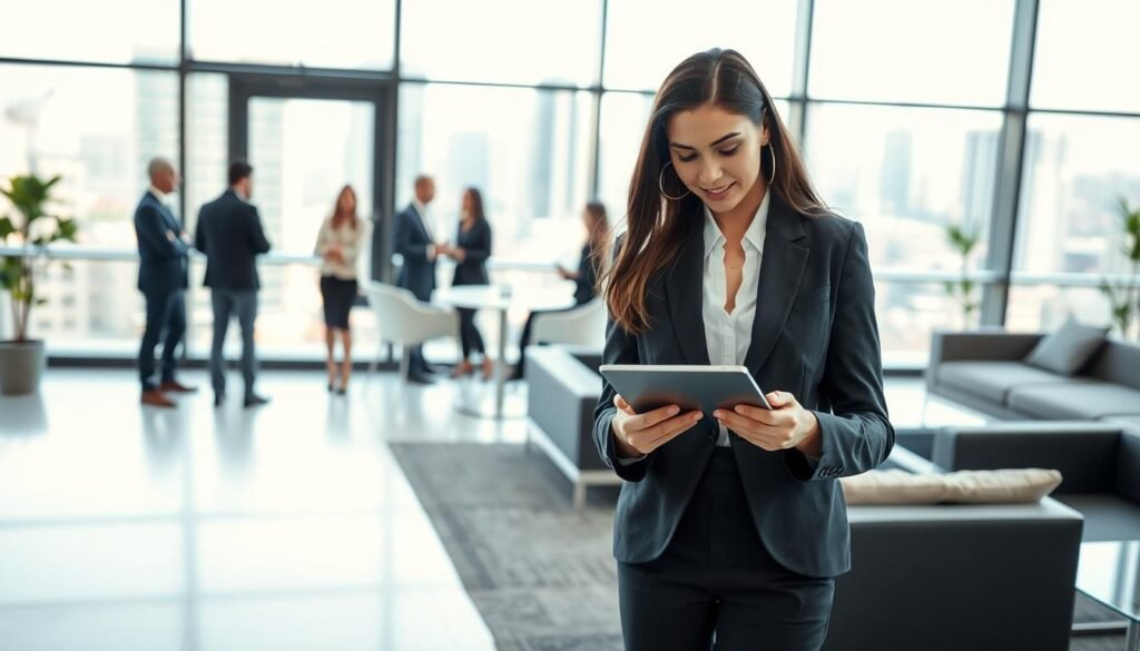 A modern, innovative recruitment office setting that emphasizes safety in the selection processes. In the foreground, a professional recruiter, a Latin American woman in smart business attire, is reviewing resumes on a tablet, surrounded by sleek, minimalistic furniture. In the middle ground, a diverse team of professionals, also in business attire, are engaged in a collaborative discussion. The background features large windows allowing bright, natural light to stream in, showcasing a vibrant cityscape. The atmosphere is dynamic and secure, symbolizing trust, innovation, and the connection between brands and talent. Use a wide-angle lens to capture the openness of the space, enhancing the welcoming ambiance.