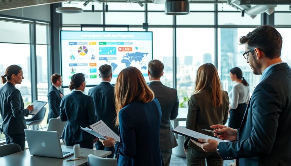 A modern, inviting office space filled with professionals engaged in discussions about international coaching programs and certifications. In the foreground, a diverse group of individuals in business attire attentively reviewing materials and laptops, showcasing a collaborative environment. In the middle ground, a large presentation screen displays colorful, dynamic infographics depicting various global certification programs. The background features large windows with a view of a vibrant cityscape, brightening the scene with natural light. The mood is energetic and inspiring, reflecting ambition and professional growth. Use a soft focus for a warm atmosphere, with the lighting emphasizing the faces of the participants, capturing a moment of teamwork and learning. A modern, inviting office space filled with professionals engaged in discussions about international coaching programs and certifications. In the foreground, a diverse group of individuals in business attire attentively reviewing materials and laptops, showcasing a collaborative environment. In the middle ground, a large presentation screen displays colorful, dynamic infographics depicting various global certification programs. The background features large windows with a view of a vibrant cityscape, brightening the scene with natural light. The mood is energetic and inspiring, reflecting ambition and professional growth. Use a soft focus for a warm atmosphere, with the lighting emphasizing the faces of the participants, capturing a moment of teamwork and learning.