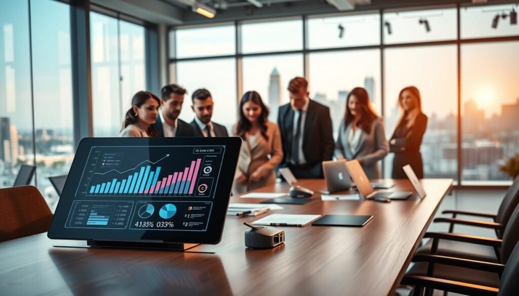A modern office environment depicting innovation and investment opportunities in companies. In the foreground, a diverse group of professionals in business attire engaged in a collaborative discussion around a futuristic digital tablet displaying financial graphs and insights. In the middle ground, a sleek, stylish conference table with laptops, charts, and innovative tech gadgets. The background features large windows with a city skyline, symbolizing growth and opportunity. Soft, warm lighting creates a welcoming atmosphere, while bright highlights emphasize the focus on technology and teamwork. The perspective is slightly elevated, capturing both the energy of the professionals and the dynamic, ambitious spirit of the setting. A modern office environment depicting innovation and investment opportunities in companies. In the foreground, a diverse group of professionals in business attire engaged in a collaborative discussion around a futuristic digital tablet displaying financial graphs and insights. In the middle ground, a sleek, stylish conference table with laptops, charts, and innovative tech gadgets. The background features large windows with a city skyline, symbolizing growth and opportunity. Soft, warm lighting creates a welcoming atmosphere, while bright highlights emphasize the focus on technology and teamwork. The perspective is slightly elevated, capturing both the energy of the professionals and the dynamic, ambitious spirit of the setting.