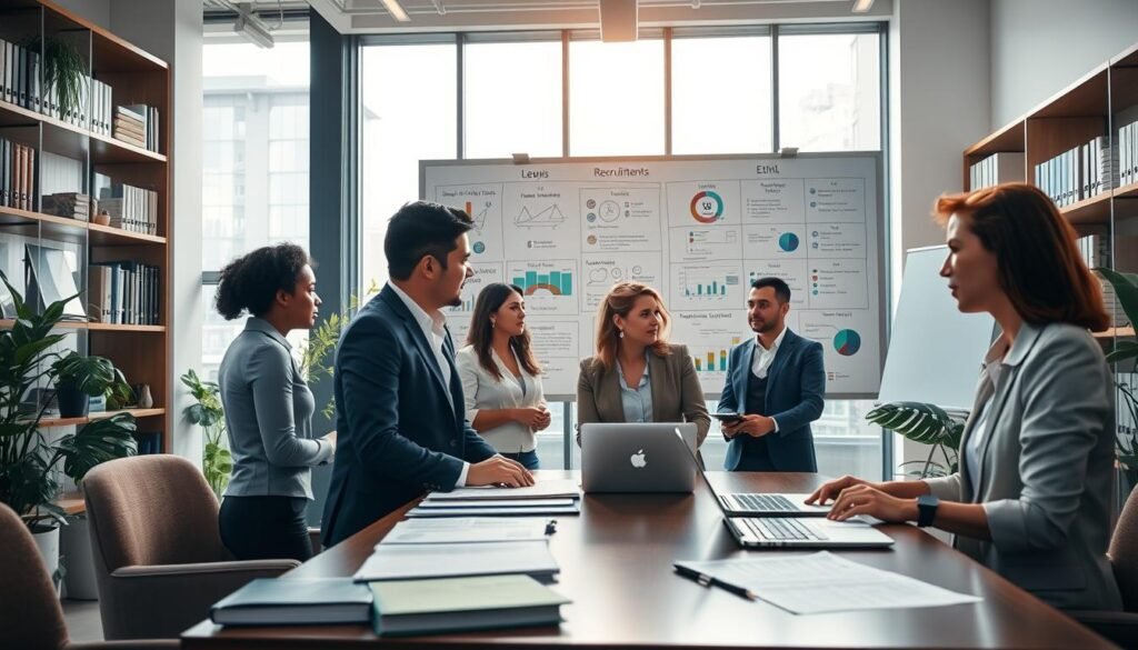 A modern office environment depicting the legal and ethical aspects of recruitment in Colombia. In the foreground, a diverse group of professionals in business attire engages in a discussion around a table filled with legal documents and laptops. The middle ground features a large whiteboard with visual charts highlighting recruitment metrics and ethical guidelines. The background shows a bright, airy office with large windows, plants, and shelves of law books, conveying a sense of professionalism and integrity. Soft, warm lighting enhances the collaborative mood, while a low-angle perspective captures the bustling energy of the workplace, emphasizing the importance of compliance in recruitment practices.