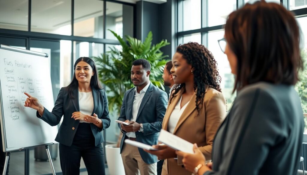 A modern office environment featuring a diverse group of professional individuals engaged in a dynamic coaching session. In the foreground, a confident coach, a mid-30s Hispanic woman in smart business attire, stands at a whiteboard, illustrating concepts related to effective communication. The middle ground showcases attentive participants, including a Black man and a Caucasian woman, all dressed in professional attire, taking notes and actively discussing amongst themselves. The background includes glass walls, greenery, and a large window with natural light flooding the space, creating an inviting atmosphere. The overall mood is collaborative and productive, with a subtle focus on leadership and personal development. Use soft lighting to enhance the professionalism of the scene, capturing a wide-angle perspective to showcase the interaction.