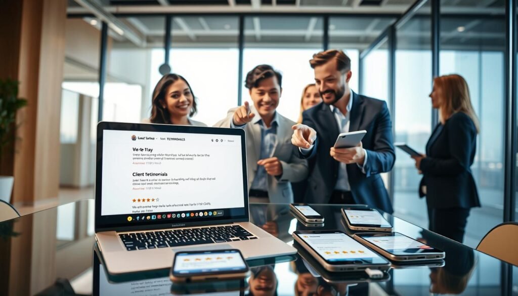A modern office environment featuring a diverse group of professionals discussing online testimonials. In the foreground, a laptop is open to a website showcasing client testimonials, with two individuals in business attire—one man and one woman—pointing at the screen, looking engaged and excited. In the middle ground, a glass table holds digital devices like smartphones and tablets displaying positive feedback and star ratings. The background includes a large window with natural light pouring in, creating a bright atmosphere. The mood is collaborative and optimistic, promoting the effectiveness of SEO through visual storytelling. The image captures a sense of trust and satisfaction, with a warm color palette and soft shadows emphasizing professionalism.