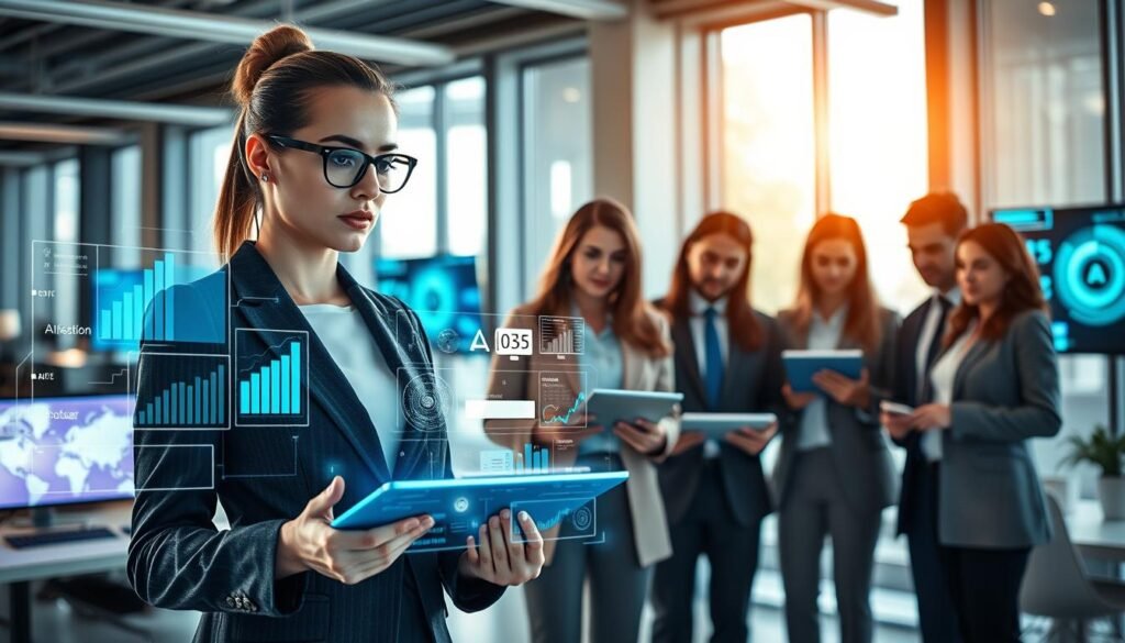 A modern office environment featuring a diverse group of professionals engaged in skill assessment, infused with artificial intelligence elements. In the foreground, a focused woman in a smart business suit interacts with a holographic AI interface, displaying graphs and metrics. In the middle ground, colleagues observe and consult with digital tablets, showcasing various evaluation tools. The background reveals a sleek and bright workspace with large windows, streaming natural light, and high-tech monitors displaying AI-generated insights. The atmosphere is collaborative and innovative, highlighting the seamless integration of AI in professional skill evaluations. The lighting is warm and inviting, enhancing the mood of progress and teamwork.
