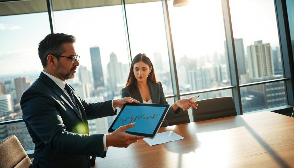 A modern office environment featuring a diverse group of three professionals engaged in a strategic discussion around a large conference table. The foreground shows a businessman in a tailored navy suit, pointing at a digital tablet displaying analytics, symbolizing data-driven strategies. In the middle ground, a woman in a sleek, professional outfit takes notes, her expression focused and insightful. The background features a large window with a view of a bustling city skyline, allowing natural light to fill the room, creating an atmosphere of ambition and innovation. The scene is vibrant and dynamic, with a slight lens flare effect from the sunlight, emphasizing teamwork and connectivity in a competitive talent market.