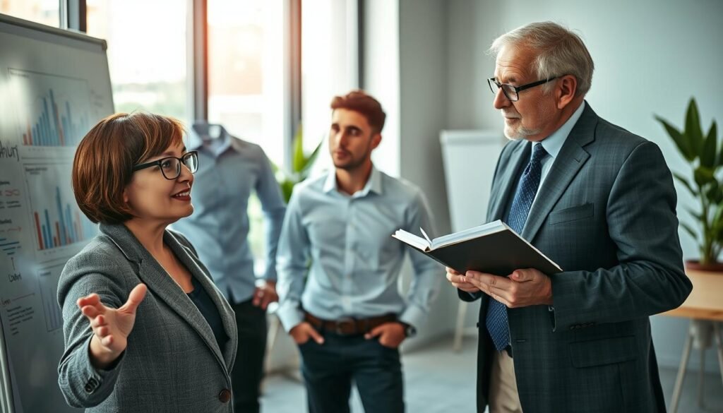 A modern office environment featuring a diverse group of three professionals engaged in a dynamic discussion about headhunting strategies. In the foreground, a middle-aged woman with short brown hair and glasses, wearing a smart blazer, passionately presents her insights, gesturing towards a whiteboard filled with graphs and notes. In the middle ground, a young man in a crisp shirt nods thoughtfully, while an older gentleman in a tailored suit looks on with interest, offering a notebook filled with observations. The background showcases a large window with natural light flooding in, strategically placed plants, and a minimalist desk. The mood is collaborative and focused, emphasizing professionalism and expertise in the field of recruitment. The overall lighting is bright and engaging, reflecting an atmosphere of innovation and teamwork.