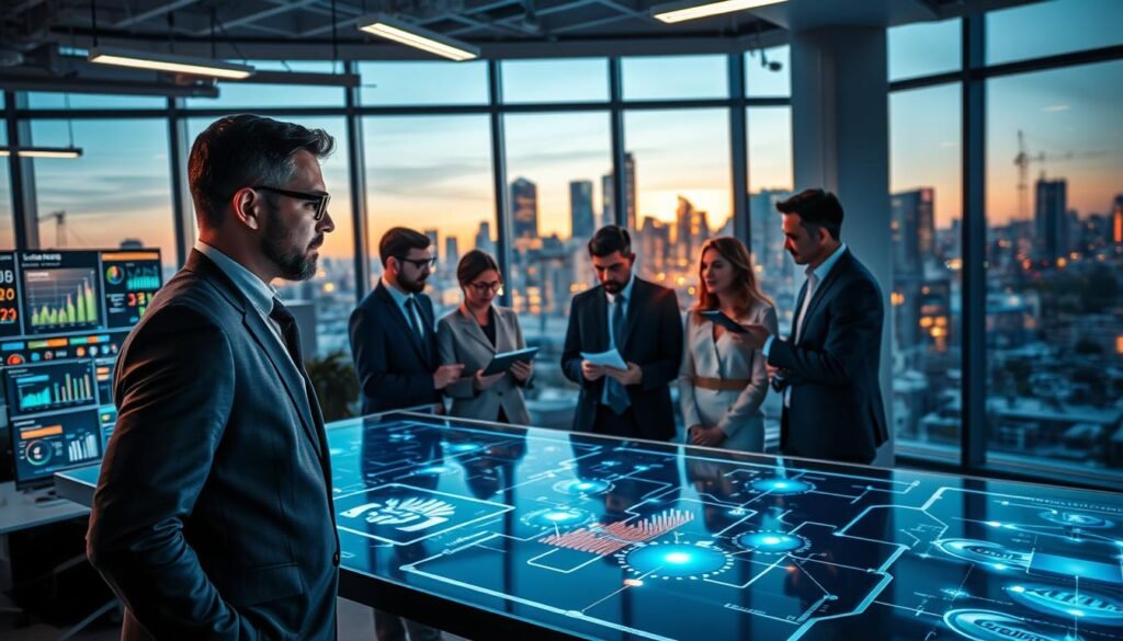 A modern office environment filled with vibrant technology and innovation. In the foreground, a confident business professional in smart attire examines digital screens showcasing data analytics and leadership profiles. In the middle ground, a diverse group of professionals collaborates over a futuristic digital table with holographic displays projecting graphs and connected networks, symbolizing leadership search in the manufacturing sector. The background features large windows with a city skyline at dusk, casting a warm glow that enhances a dynamic and optimistic atmosphere. The lighting is bright and focused, creating an engaging atmosphere that evokes creativity and forward-thinking. Use a wide-angle perspective to capture the bustling energy of the scene. A modern office environment filled with vibrant technology and innovation. In the foreground, a confident business professional in smart attire examines digital screens showcasing data analytics and leadership profiles. In the middle ground, a diverse group of professionals collaborates over a futuristic digital table with holographic displays projecting graphs and connected networks, symbolizing leadership search in the manufacturing sector. The background features large windows with a city skyline at dusk, casting a warm glow that enhances a dynamic and optimistic atmosphere. The lighting is bright and focused, creating an engaging atmosphere that evokes creativity and forward-thinking. Use a wide-angle perspective to capture the bustling energy of the scene.