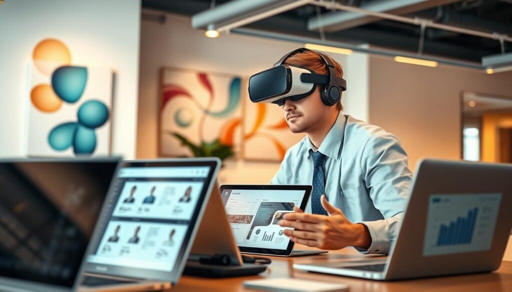 A modern office environment focused on technology in recruitment for the pharmaceutical sector. In the foreground, sleek digital devices such as laptops and tablets display candidate profiles and analytics. In the middle ground, a professional recruiter in business attire is engaged with digital tools, using VR headsets or AI software applications, showcasing the innovative recruitment process. The background shows a bright, well-lit office space with abstract pharmaceutical-themed artwork on the walls. Warm, inviting lighting accentuates the productivity and professionalism of the setting, creating a mood of innovation and competence. The angle is slightly elevated to capture the entire workspace, emphasizing the blend of technology and human connection in talent selection. A modern office environment focused on technology in recruitment for the pharmaceutical sector. In the foreground, sleek digital devices such as laptops and tablets display candidate profiles and analytics. In the middle ground, a professional recruiter in business attire is engaged with digital tools, using VR headsets or AI software applications, showcasing the innovative recruitment process. The background shows a bright, well-lit office space with abstract pharmaceutical-themed artwork on the walls. Warm, inviting lighting accentuates the productivity and professionalism of the setting, creating a mood of innovation and competence. The angle is slightly elevated to capture the entire workspace, emphasizing the blend of technology and human connection in talent selection.