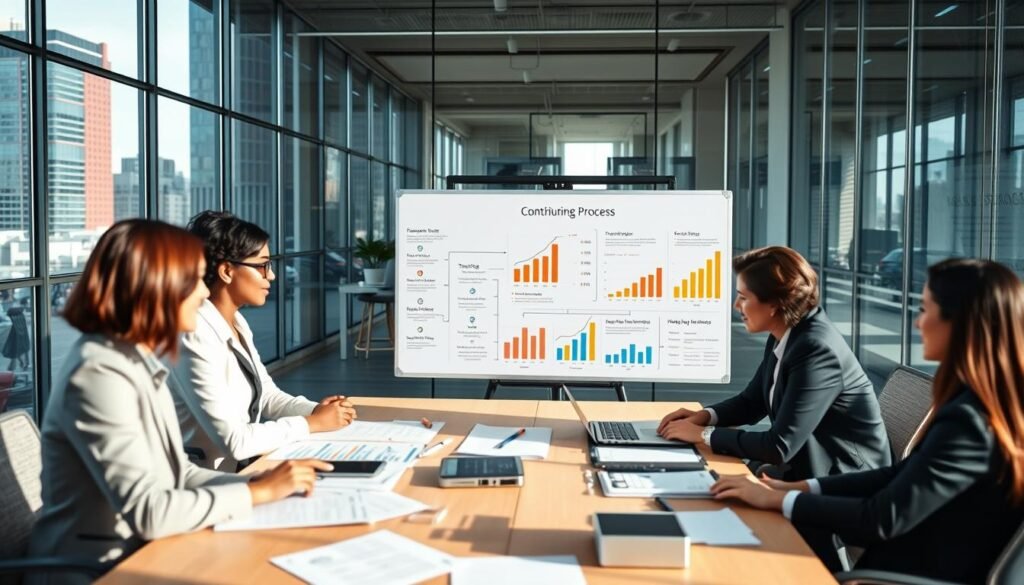 A modern office environment focused on the themes of continuous improvement in the hiring process. In the foreground, a diverse group of three professionals, dressed in smart business attire, are engaging in a collaborative discussion around a large table filled with documents and digital devices. In the middle, a large whiteboard displays flowcharts and graphs that symbolize tracking and evaluation metrics for candidate assessments. The background showcases glass walls with a busy cityscape, emphasizing a vibrant corporate atmosphere. Soft, natural lighting filters through the windows, creating an inspiring and productive mood. The scene is captured with a wide-angle lens to give an expansive feel, highlighting teamwork and progress in recruitment efforts.