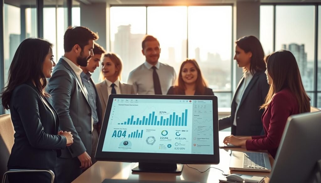 A modern office environment focusing on AI and recruitment software. In the foreground, a diverse group of professionals dressed in business attire, engaged in discussions around a digital tablet displaying analytics and AI data, symbolizing the software selection process. In the middle ground, sleek computers and advanced technology tools illustrate the role of AI in hiring. The background features large windows with a city skyline, under bright, natural sunlight casting soft shadows, creating an inviting and innovative atmosphere. The mood is collaborative and forward-thinking, representing the future of recruitment in Colombia, with an emphasis on professionalism and cutting-edge technology.