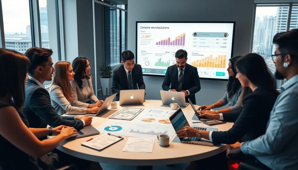 A modern office environment representing comprehensive recruitment solutions. In the foreground, a diverse team of professional recruiters in business attire, engaged in a lively discussion around a circular table filled with laptops, notes, and coffee mugs. The middle ground displays a large digital screen highlighting recruitment statistics and profiles, with charts and graphs illustrating an efficient selection process. The background features large windows letting in natural light, showcasing a bustling city view of Cartagena. The atmosphere is dynamic and collaborative, emphasizing teamwork and innovation in executive recruitment. Soft, ambient lighting enhances the professional yet approachable mood of the setting. The composition captures the essence of modern talent acquisition strategies, focusing on inclusivity and expertise.