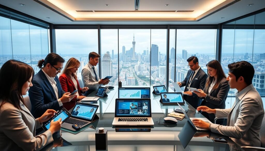 A modern office environment showcases digital recruitment innovation in the financial sector in Colombia. In the foreground, a diverse group of professionals in business attire are engaged with advanced digital tools, such as tablets and laptops displaying graphs and analytics. The middle ground features a sleek, glass meeting table with interactive screens showing job candidate profiles and virtual interviews. In the background, large windows offer a panoramic view of a vibrant city skyline, symbolizing growth and opportunity. The lighting is bright and welcoming, with a focus on the collaborative atmosphere. The mood is energetic and forward-thinking, reflecting the dynamic nature of modern recruitment tools and strategies in the financial industry.