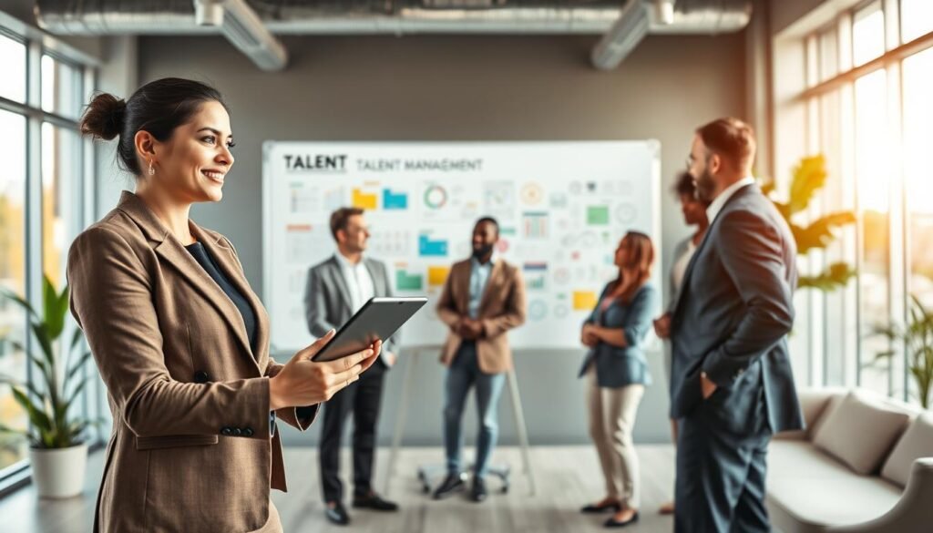 A modern office environment showcasing a diverse group of professionals engaged in a collaborative talent management workshop. In the foreground, a confident female business leader, dressed in professional attire, presents ideas on a digital tablet. Surrounding her are three colleagues of various ethnicities, discussing strategies, displaying active engagement. The middle ground features a large, transparent whiteboard filled with colorful charts and mind maps, illustrating talent development concepts. The background includes a sleek office space with large windows letting in warm, natural light, plants for a touch of nature, and modern furniture that conveys a creative atmosphere. The mood is inspiring and dynamic, emphasizing teamwork and growth. Use a wide-angle lens to capture the collaborative spirit of the workspace.