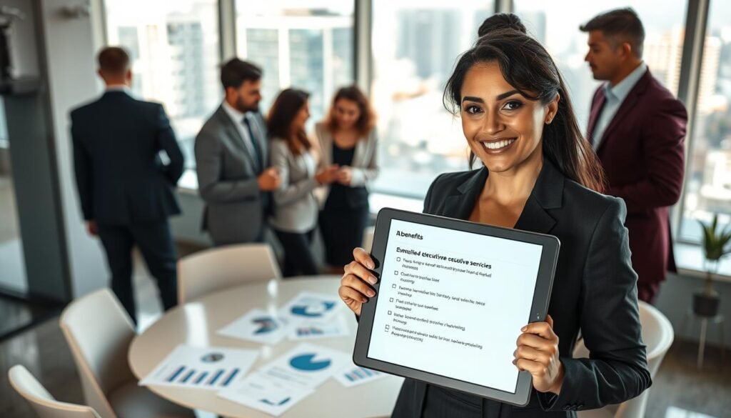 A modern office environment, showcasing a diverse group of professionals engaged in a strategic meeting. In the foreground, a confident businesswoman in a tailored suit displays a tablet, highlighting key benefits of executive search services. The middle ground features a round table surrounded by individuals of varied backgrounds, attentively discussing ideas, with charts and documents scattered on the table. The background reveals large windows allowing natural light to flood the space, creating a bright and inviting atmosphere, with cityscape views visible outside. The lighting is soft yet vibrant, enhancing the focus on collaboration and innovation. The overall mood is dynamic and inspiring, reflecting the advantages of working with executive search consultants in Colombia. A modern office environment, showcasing a diverse group of professionals engaged in a strategic meeting. In the foreground, a confident businesswoman in a tailored suit displays a tablet, highlighting key benefits of executive search services. The middle ground features a round table surrounded by individuals of varied backgrounds, attentively discussing ideas, with charts and documents scattered on the table. The background reveals large windows allowing natural light to flood the space, creating a bright and inviting atmosphere, with cityscape views visible outside. The lighting is soft yet vibrant, enhancing the focus on collaboration and innovation. The overall mood is dynamic and inspiring, reflecting the advantages of working with executive search consultants in Colombia.