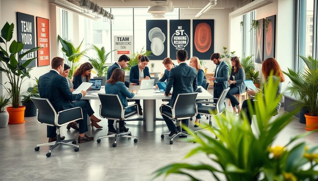 A modern office environment showcasing a dynamic human resources recruitment scene. In the foreground, a diverse group of professional individuals in business attire, engaged in discussions, reviewing resumes, and using laptops. The middle ground features a large conference table surrounded by sleek chairs, with motivational posters on the walls promoting teamwork and innovation. In the background, a bright, open office space filled with plants, large windows letting in natural light, and stylish decoration to create an inviting atmosphere. The scene reflects collaboration and professionalism, with warm lighting to enhance the inviting mood. The perspective should be slightly angled to capture both the individuals and the workspace, emphasizing the integration of human resources and recruitment efforts.