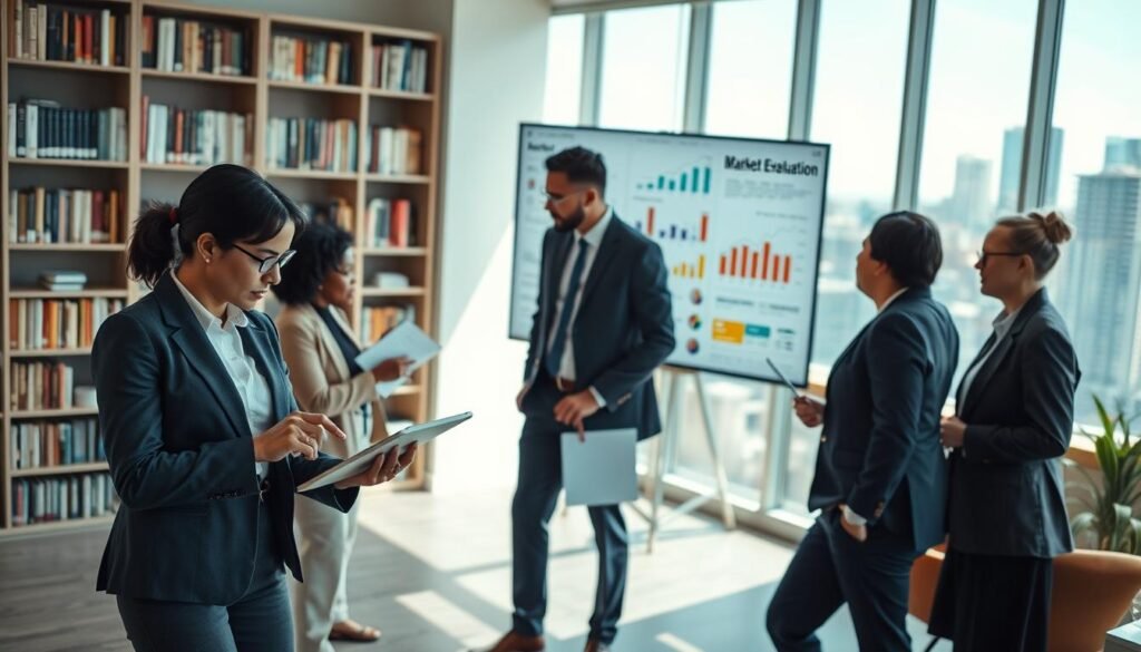 A modern office environment showcasing a group of diverse professionals engaged in market research activities. In the foreground, a businesswoman in a smart suit analyzes data on a tablet, while a businessman next to her, also in professional attire, discusses insights with a colleague. The middle ground features a large screen displaying graphs and charts related to talent evaluation, highlighting market trends. The background shows bookshelves filled with industry literature and a cityscape view through a large window. The room is filled with bright, natural light, creating a vibrant and productive atmosphere. The scene captures the essence of teamwork and strategic planning, emphasizing the significance of market research and talent assessment in recruitment. A modern office environment showcasing a group of diverse professionals engaged in market research activities. In the foreground, a businesswoman in a smart suit analyzes data on a tablet, while a businessman next to her, also in professional attire, discusses insights with a colleague. The middle ground features a large screen displaying graphs and charts related to talent evaluation, highlighting market trends. The background shows bookshelves filled with industry literature and a cityscape view through a large window. The room is filled with bright, natural light, creating a vibrant and productive atmosphere. The scene captures the essence of teamwork and strategic planning, emphasizing the significance of market research and talent assessment in recruitment.
