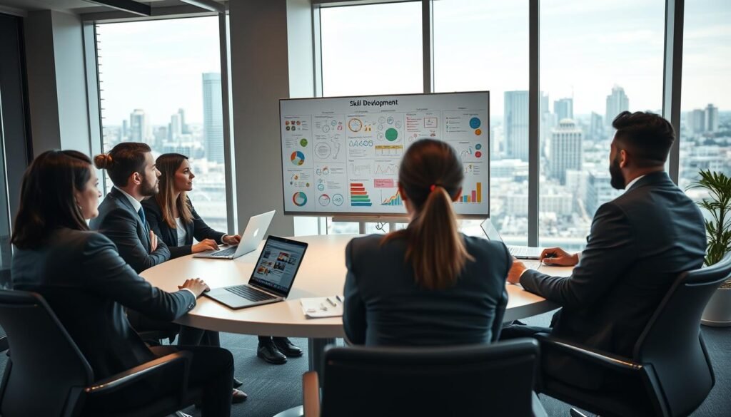 A modern office environment showcasing a professional development training session. In the foreground, a diverse group of five individuals in business attire, engaged in an interactive workshop, sitting around a sleek conference table with laptops and notepads. The middle features a large whiteboard filled with colorful charts and diagrams illustrating skill development concepts. In the background, large windows let in soft natural light, providing a bright and inviting atmosphere, with urban cityscapes visible outside. The mood is focused and collaborative, reflecting the importance of professional growth in the oil industry. Use a wide-angle lens for a dynamic perspective and ensure the lighting is warm and encouraging.