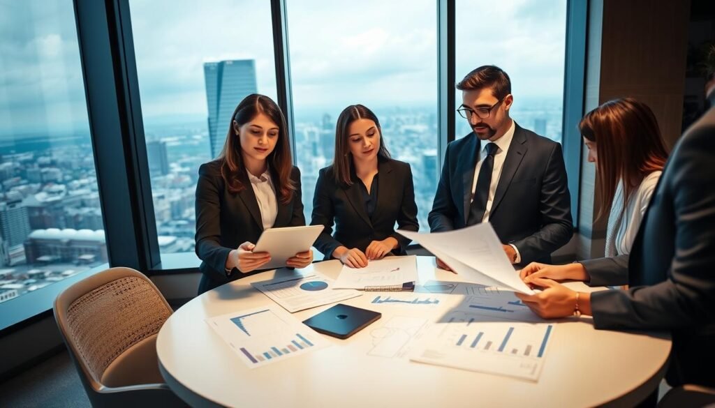 A modern office environment showcasing a successful business meeting between diverse professionals in formal business attire. In the foreground, a confident female CEO presents data on a sleek tablet, while a thoughtful male executive reviews documents beside her. In the middle, a round table filled with charts and reports illustrates their accomplishments, symbolizing collaboration and achievement. The background features a panoramic city view through large windows, emphasizing a vibrant corporate atmosphere. Soft, natural lighting enhances the professionalism of the scene, creating a warm and inviting mood. The angle captures the dynamic interaction between the team, promoting an air of success and expertise in headhunting services.