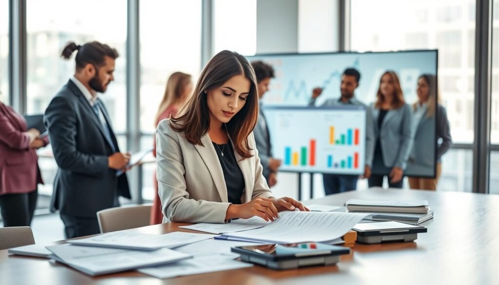 A modern office environment showcasing a team of diverse professionals engaged in a skills and competencies evaluation session. In the foreground, a focused woman of Latin descent, dressed in smart business attire, is reviewing documents on a table filled with assessment forms and digital tablets. In the middle ground, a group of colleagues, including men and women of various ethnic backgrounds, are collaborating around a large screen displaying graphs and skill matrices. In the background, large windows let in soft, natural light, creating a bright and optimistic atmosphere. The overall mood is one of collaboration and innovation, emphasizing the importance of evaluating key competencies for success. The scene should reflect professionalism and teamwork, captured with a shallow depth of field for an intimate yet expansive feel.