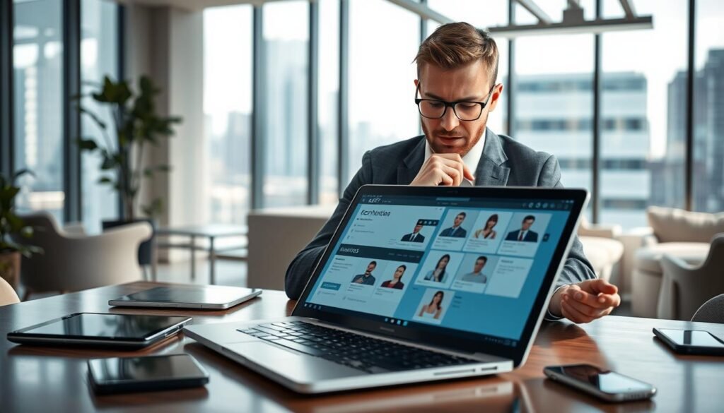 A modern office environment showcasing advanced technology used in headhunting. In the foreground, a sleek laptop displaying recruitment software, surrounded by high-tech gadgets like a tablet and a smartphone. In the middle, a professional recruiter, dressed in business attire, intently reviewing candidate profiles on the laptop with a thoughtful expression. The background features a bright, airy office with large windows, urban skyline views, and modern furnishings. Soft, natural lighting filters in to create a productive atmosphere. The mood is focused and innovative, reflecting the dynamic tools and techniques of contemporary headhunting.