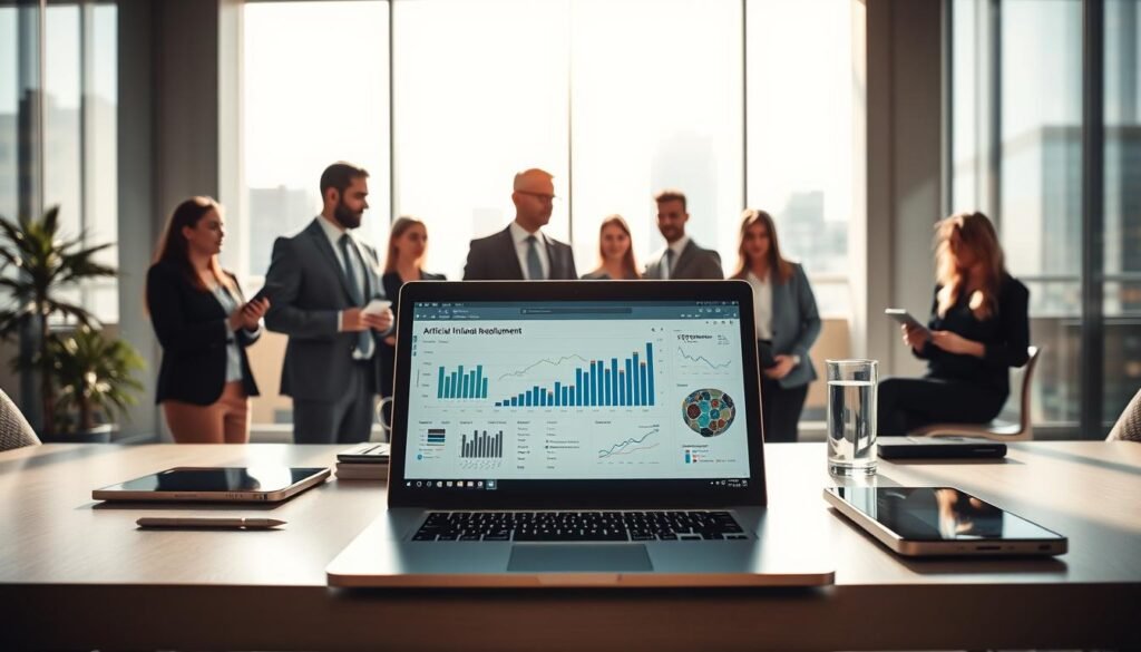 A modern office environment showcasing artificial intelligence tools for human resources. In the foreground, an open laptop displays data analytics related to recruitment, surrounded by sleek digital devices like tablets and smartphones, all conveying a sense of technology. The middle ground features a diverse group of professional individuals—men and women in business attire—engaged in a discussion about innovative HR solutions. The background includes a large window with a cityscape view, filled with natural light to create an inviting atmosphere. Soft shadows enhance the scene, emphasizing a collaborative and futuristic vibe. The overall mood is one of inspiration and progress, highlighting the intersection of technology and human resources in an evolving workplace.